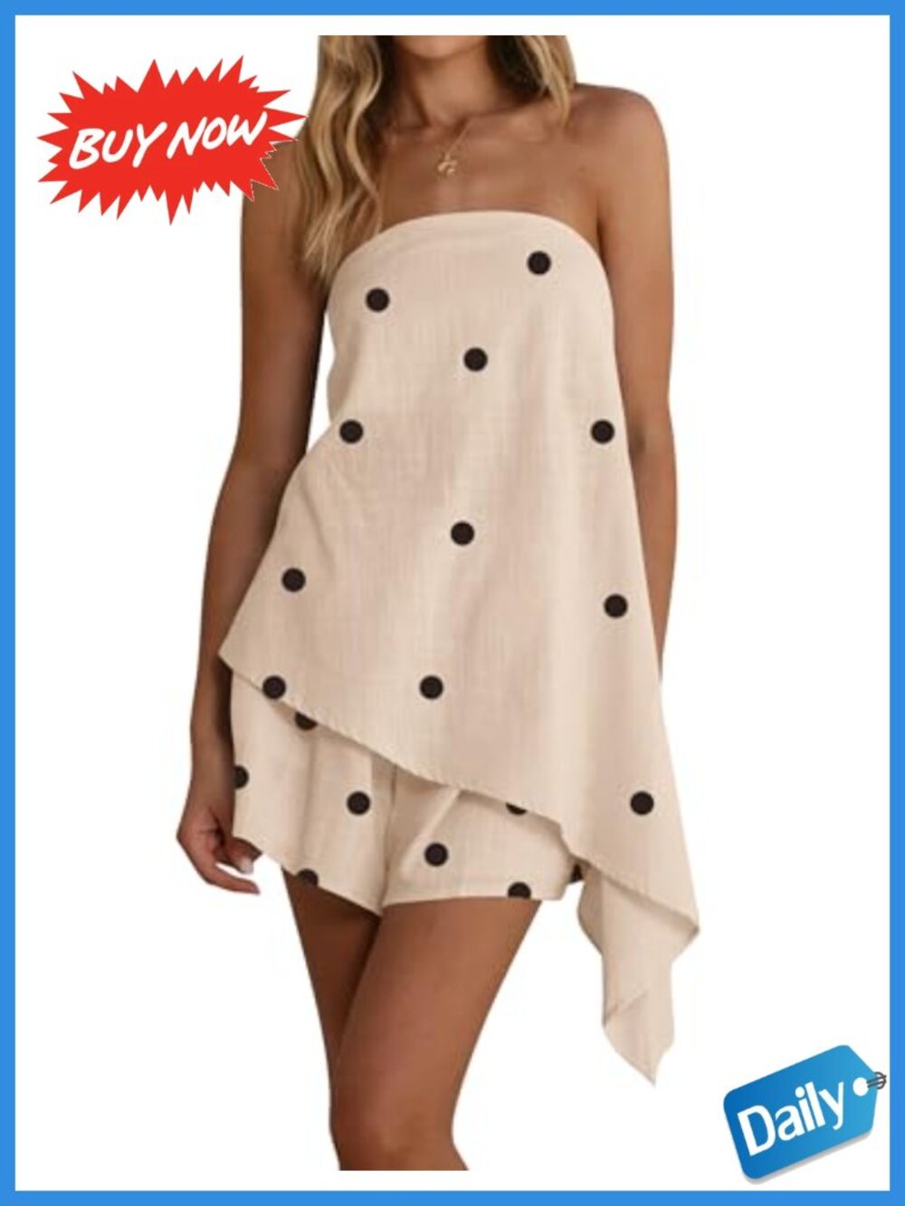 Women's Cotton Strapless 2 Piece Short Set Asymmetrical Tube Top Bandeau with